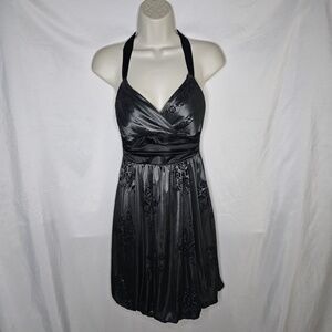 VTG Women Trixxi Gray Black Velvet Floral Halter Bubble Dress Y2K Babydoll Sze S
